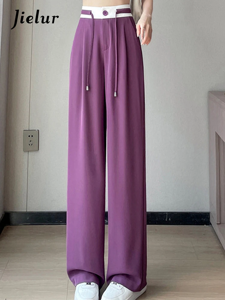 

Jielur New Drawstring Straight Women's Suit Pants High Waist Full Length Casual Female Wide Leg Pants Chic Simple Office Lady