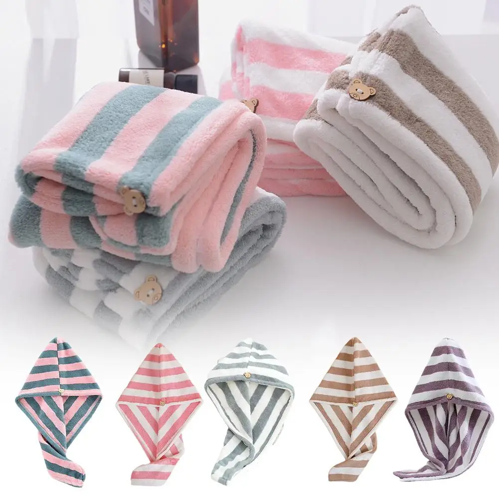 

Stripe Quick-dry Hair Towel Women Hair Drying Hat Coral Turban Solid Fleece Hair Towel Cap Absorption Dry Cap Super Z1T5