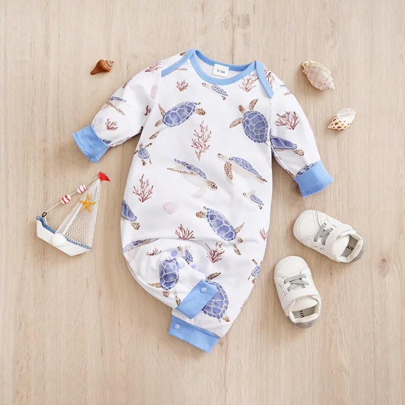 Spring And Autumn Newborn Cartoon Turtle Full Print Comfortable And Soft 0-18m Girls And Boys Long Sleeved Baby Bodysuit