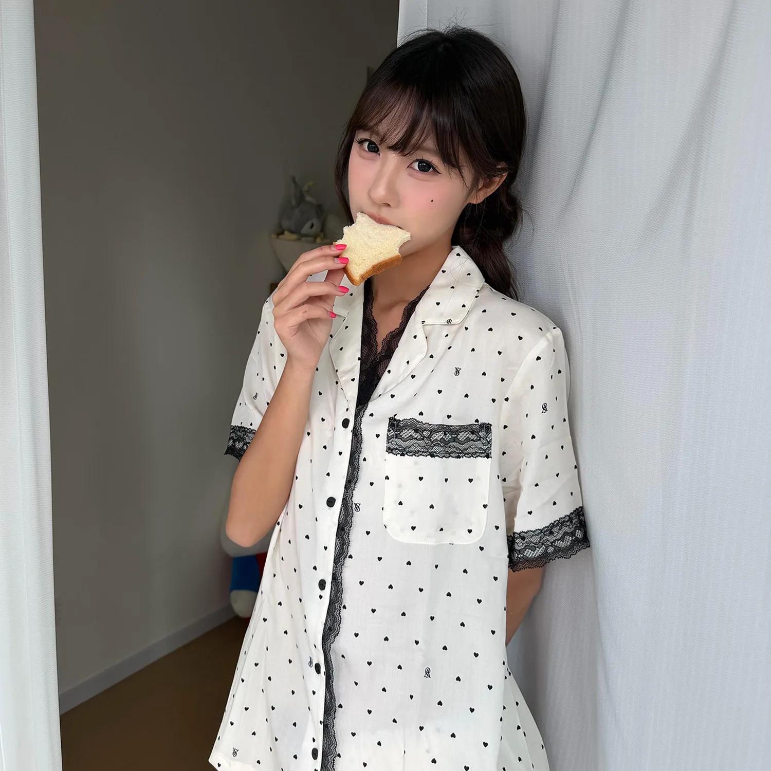 

Polka Dot Milk White Lace Pajamas Women's Summer New Large Size Trousers Loungewear Suit Outer Wear