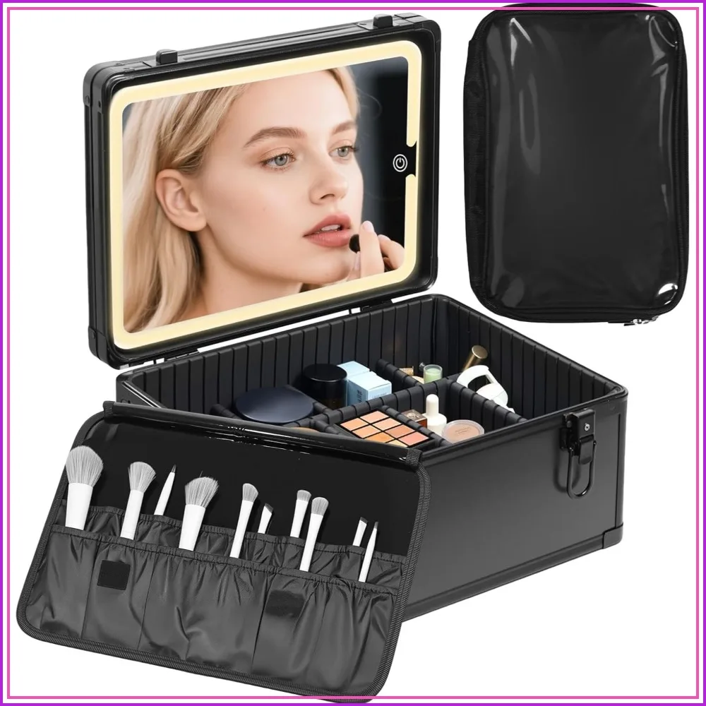 

Extra Large 15" Makeup Case with Lighted Mirror, Cosmetic Organizer with Adjustable Dividers, Magnetic LED Mirror, Portable Suitcase for Women, Black