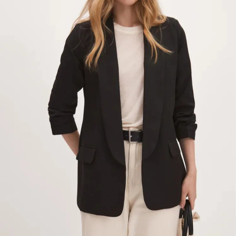 เสื้อแจ็คเก็ตสูทผู้หญิง แขนยาว ปกพับ ผ้าโพลีเอสเตอร์ สไตล์ลำลอง เรียบง่าย ดูดี มีระดับ เหมาะสำหรับใส่ไปทำงาน ให้ลุคแบบ 3 มิติ