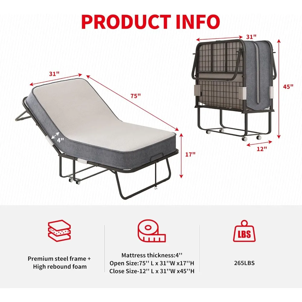 سرير قابل للطي مع مرتبة للبالغين، سرير ضيوف محمول مع 4 مرتبة إسفنجية ميموري وإطار معدني، مقاس مزدوج