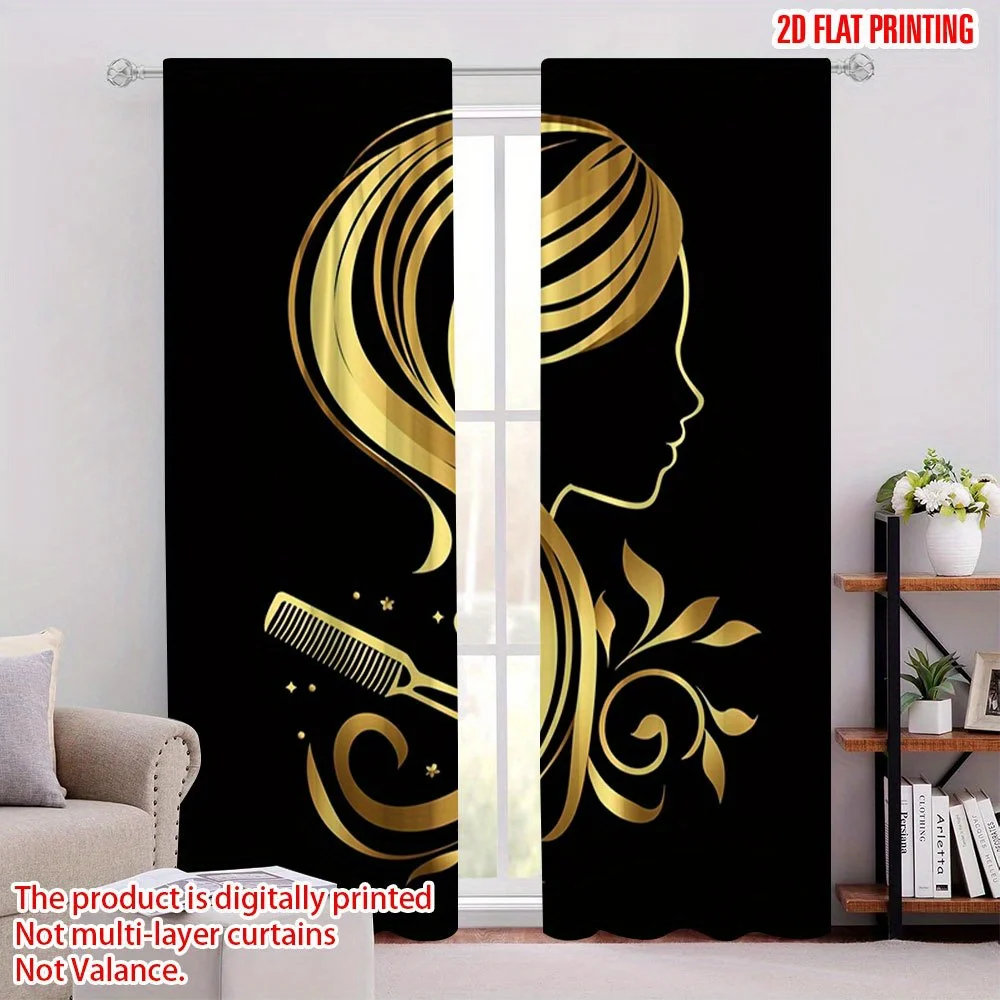 Gold Hair Salon Curtain, Barber Shop Beauty Silhouette Print Drape, Black Luxury Window Treatment for Hairdresser Store Decor