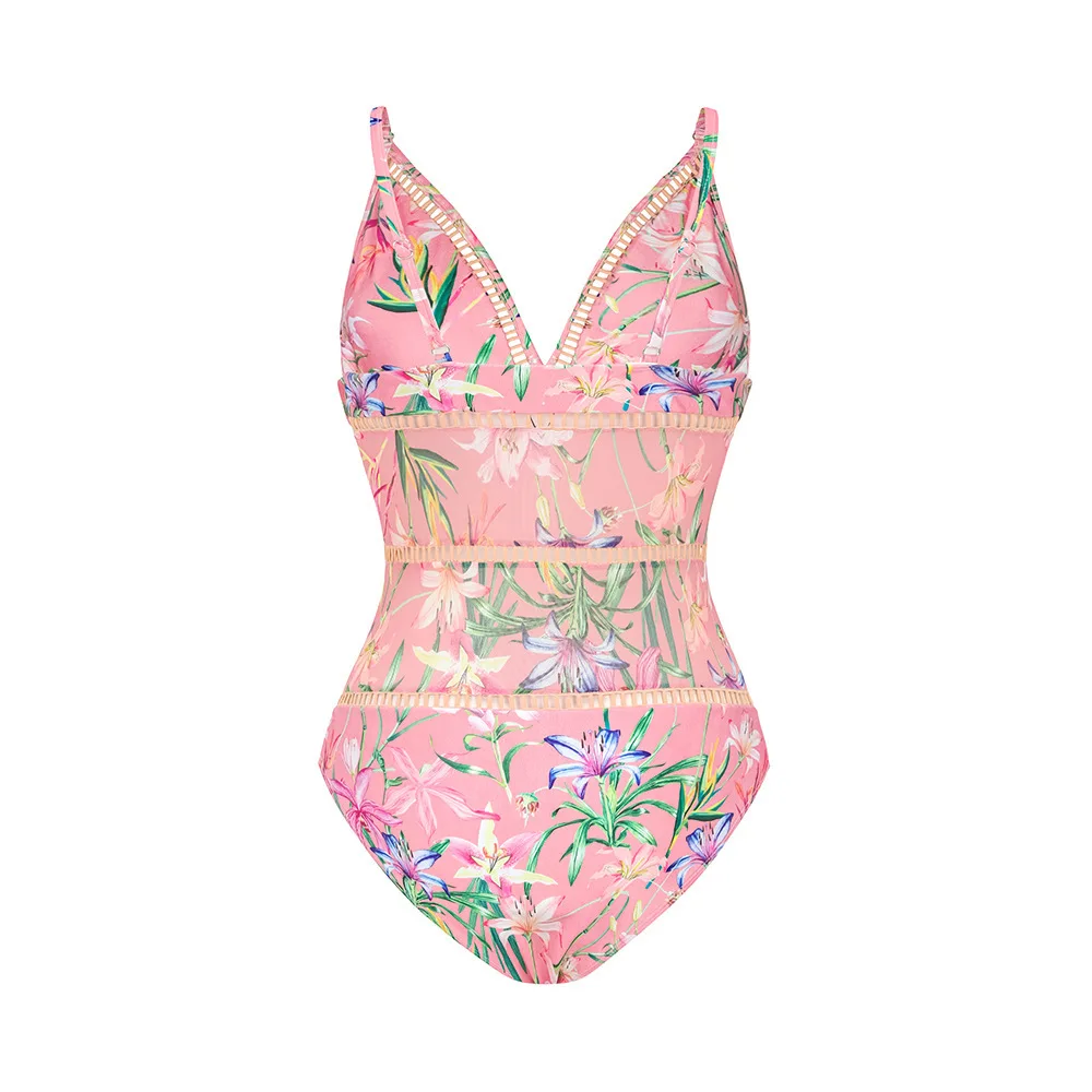 Pink Floral Print Bikini Set Swimsuit Ruffle Skirt Female Sexy Slim One Piece Deep-V Backless Vintage Swimwear Bathing Suits