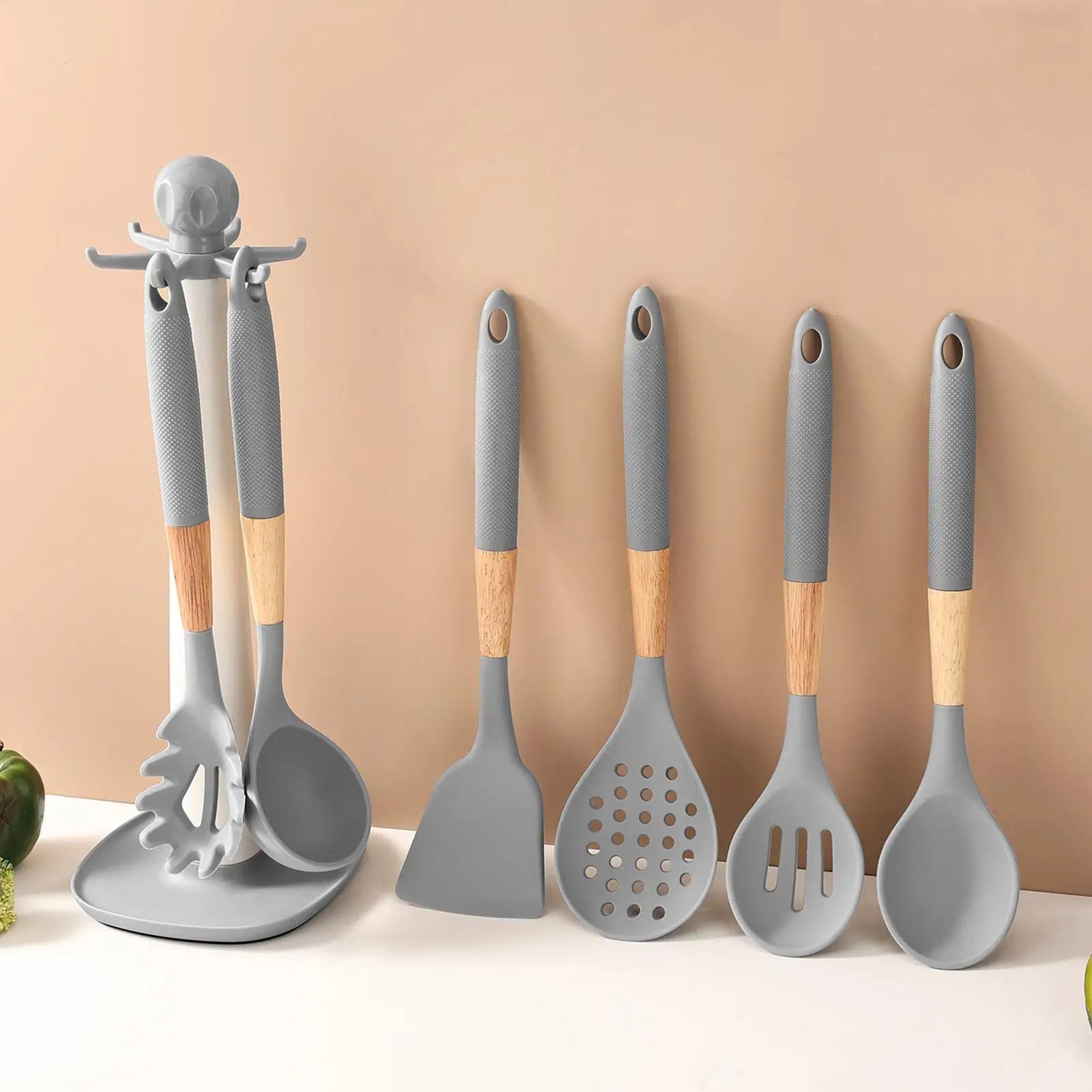 

Набор силиконовых кухонных принадлежностей из 7 предметов: лопатка, половник, кухонные инструменты с подставкой для хранения, пищевой силикон