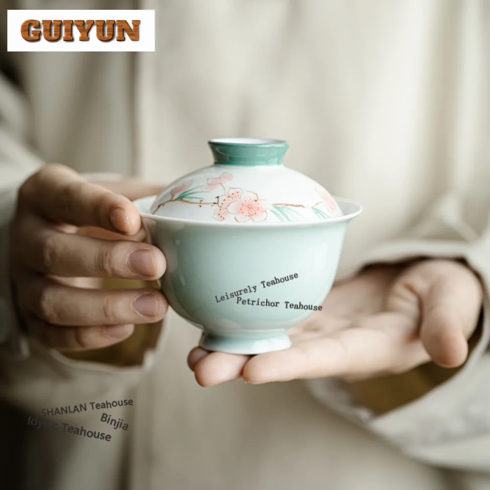 135ml Hand-painted Peach Blossom Gaiwan Luxury Tea Tureen Tea Bowl With Lid Kit Tea Maker Cover Bowl Tea Services Collection