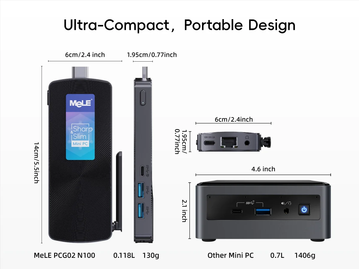 MeLE PCG02 Mini PC Stick senza ventola N100 8 GB LPDDR4 Micro