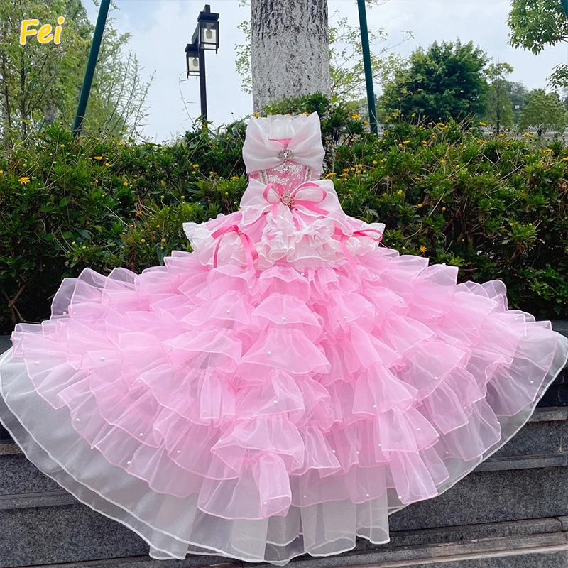 

Luxury Party Girl Dog Princess Dresses For Small Medium Dog Fashion High-end Handmade Pink Sequin Lace Bow Dress Pet Dog Clothes