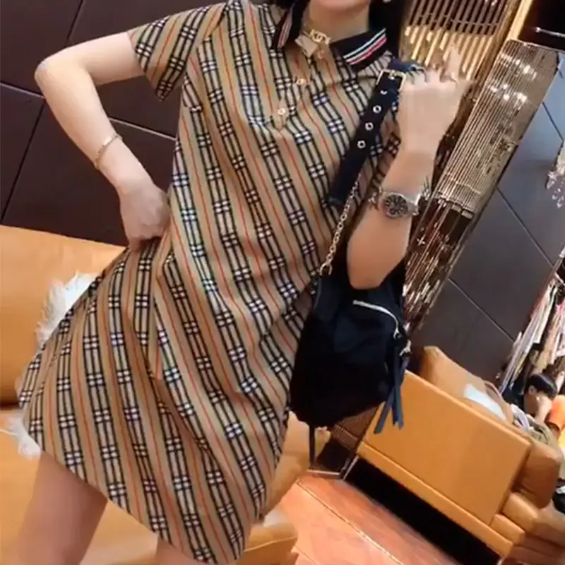 Polo collar plaid dress casual belly covering age reduction popular short-sleeved skirt in spring and summer 2023