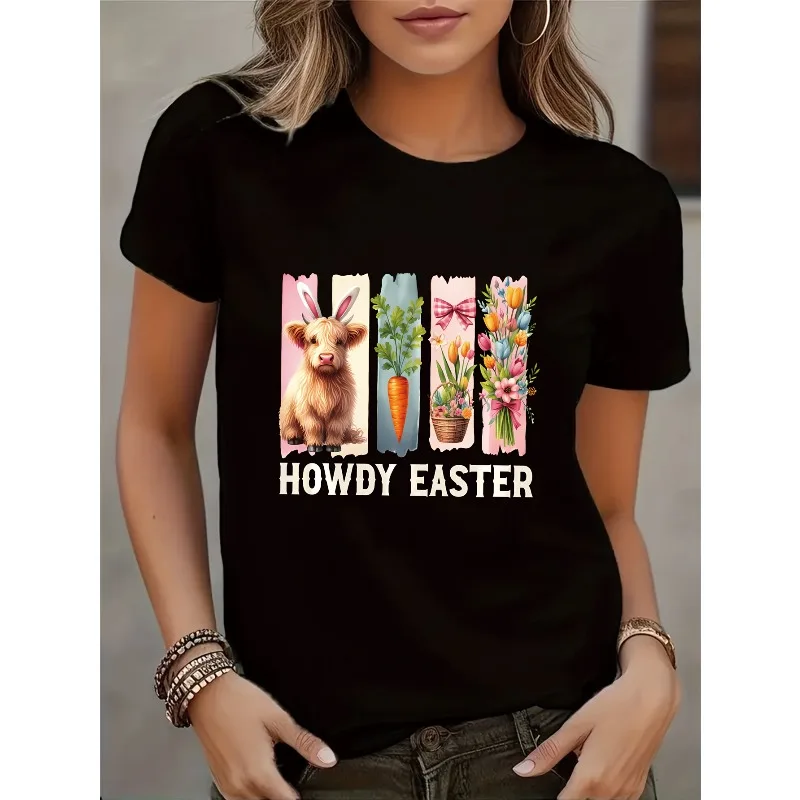 

Женская повседневная футболка с принтом «Высокогорная корова» и пасхальным узором, круглый вырез, машинная стирка, весенне-летний веселый дизайн, праздничный топ