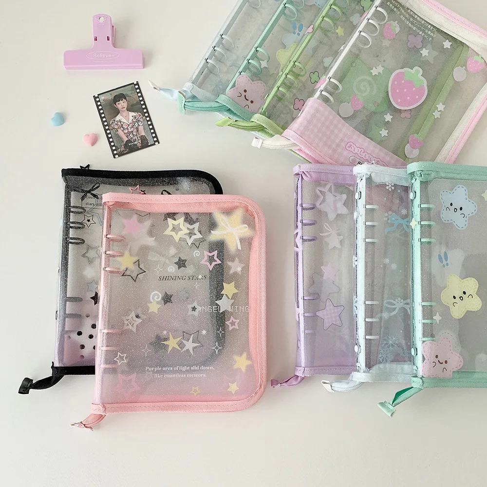 A5 Clear Zippered Photo Album, Cute Star & Four-Leaf Clover Design, 3-Inch Photocard Storage Book for Girls & Idol Fans