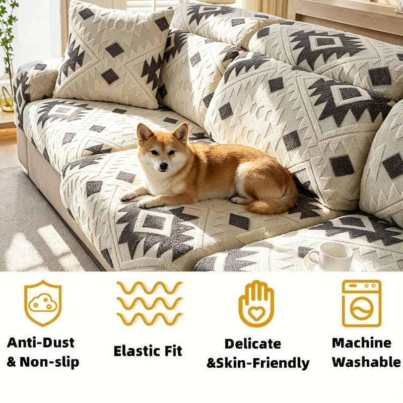1PC-Cream Bohemian geometric plush slipcovers sets, elastic fit design and universal fit, suitable for most sofas, pet friendly