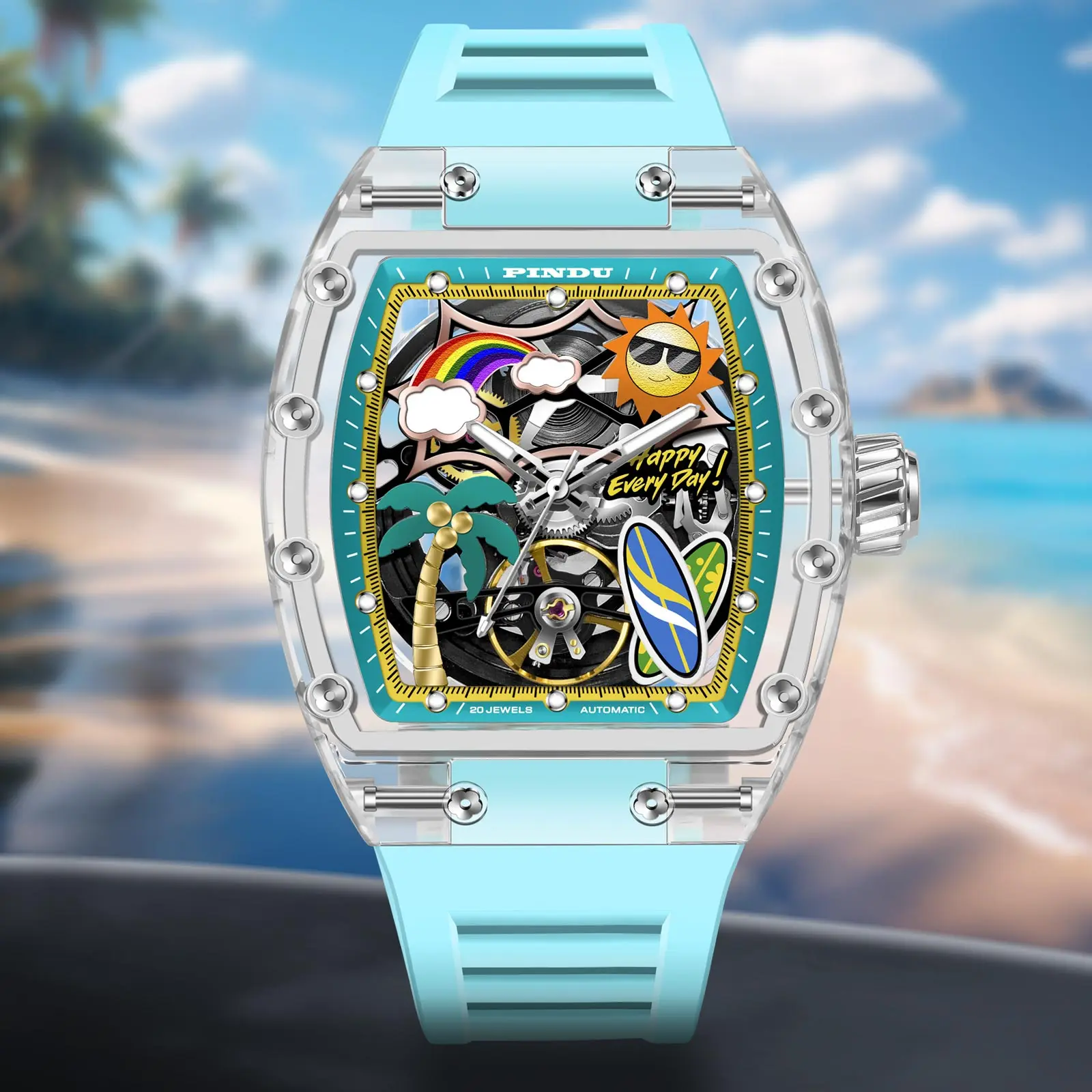 Neue PINDU Uhr Einzigartiges Zifferblatt-Design Mechanische Herrenuhr Sommer Strand Mode-Uhr Leuchtend Wasserdicht Harz-Silikon-Armband