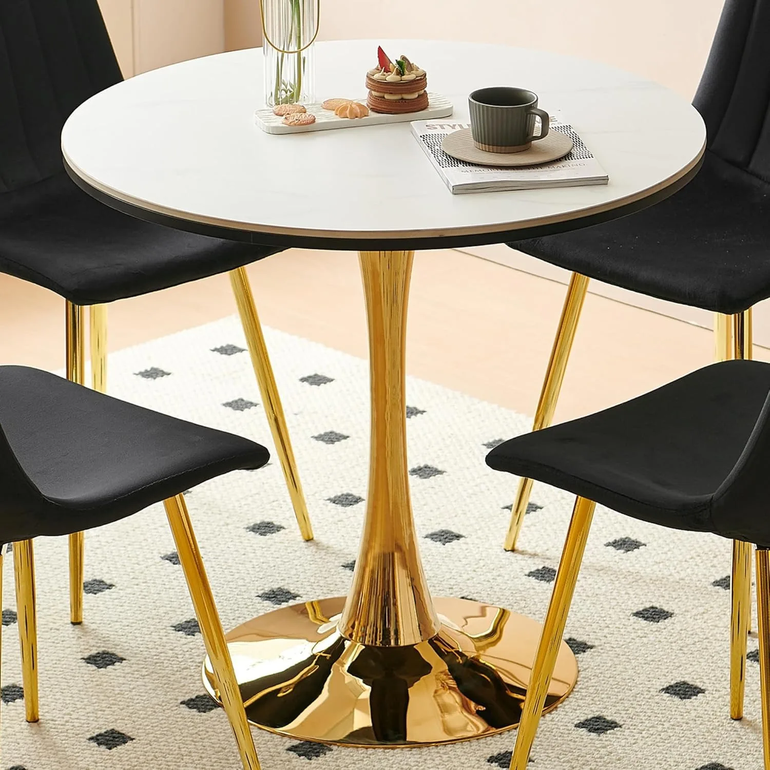 

31.5" Round Tulip Dining Table for 2-4,Thick White Faux Marble MDF Top & Gold Metal Base, Modern Luxury Kitchen, Customized
