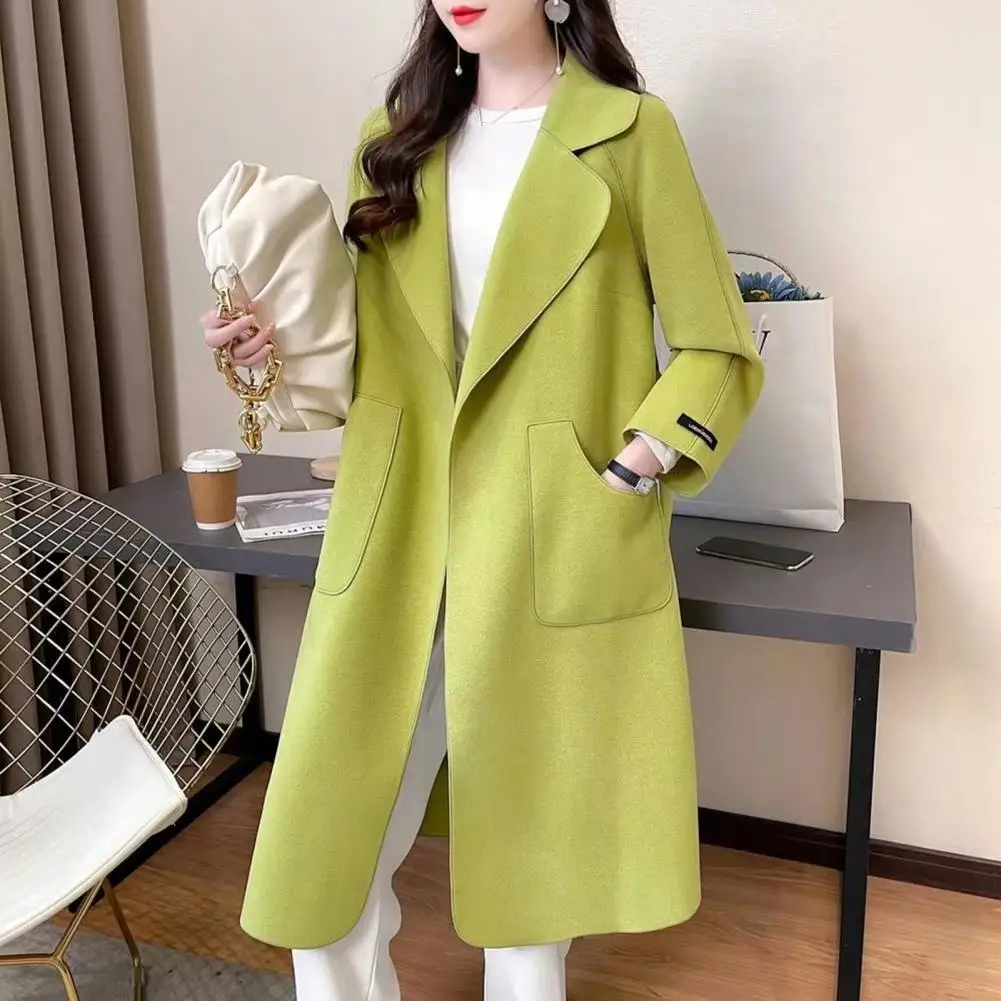 

Smart Casual Trench Coat Stylish Mid-length Women's Overcoat with Turn-down Collar Open Stitch Pockets Soft Warm Thick for Fall