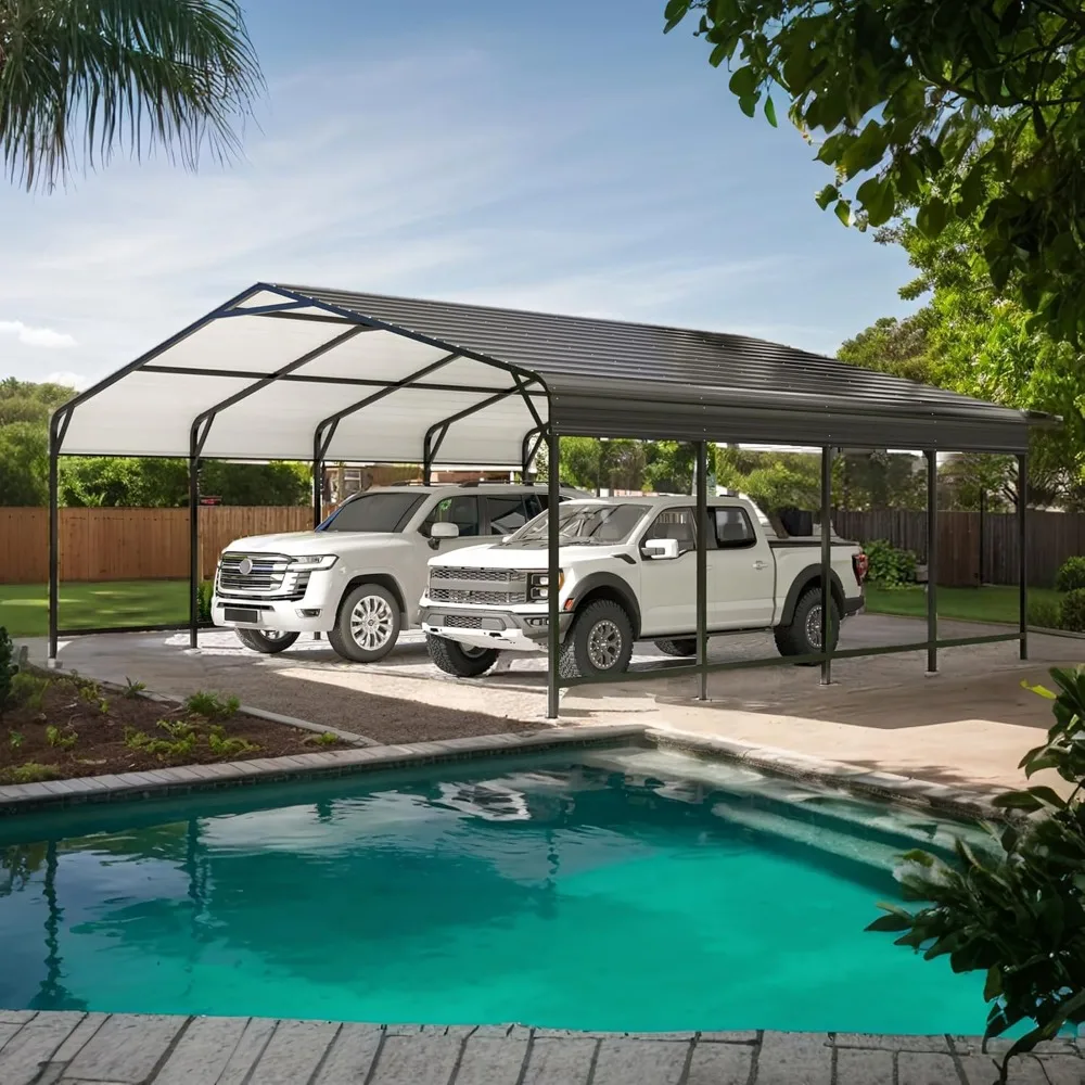 

20x20 FT Metal Carport, Enhanced Base and Steel Roof for All-Weather Use, Outdoor Heavy Duty Garage Galvanized Car Shelter for B