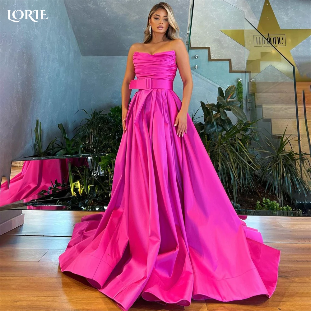 

LORIE Pleated Solid Formal Prom Dresses Off Shoulder Ruched Side Slit Belt A-Line Evening Dress Saudi Arabia Bride Party Gowns