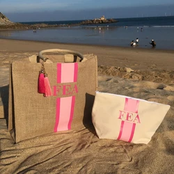 Custom striped monogrammed beach bag, personalize name monogram Initials burlap tote wedding mom basket bags pouches bridal gift