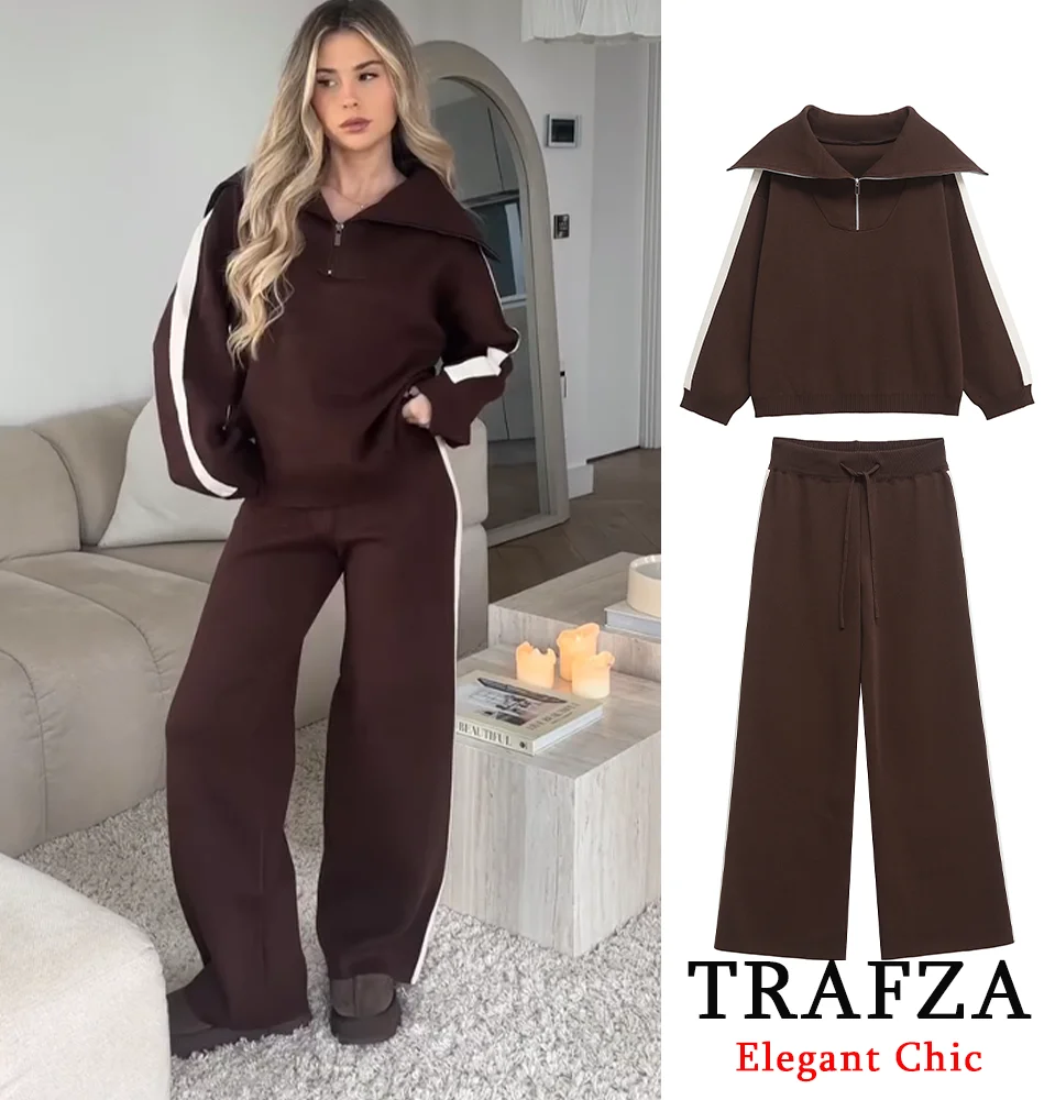

TRAFZA Retro Brown Women Knitted Set Side Stripe Loose Sweatshirt Drawstring Pants New 2025 Spring Casual Vintage Female Set