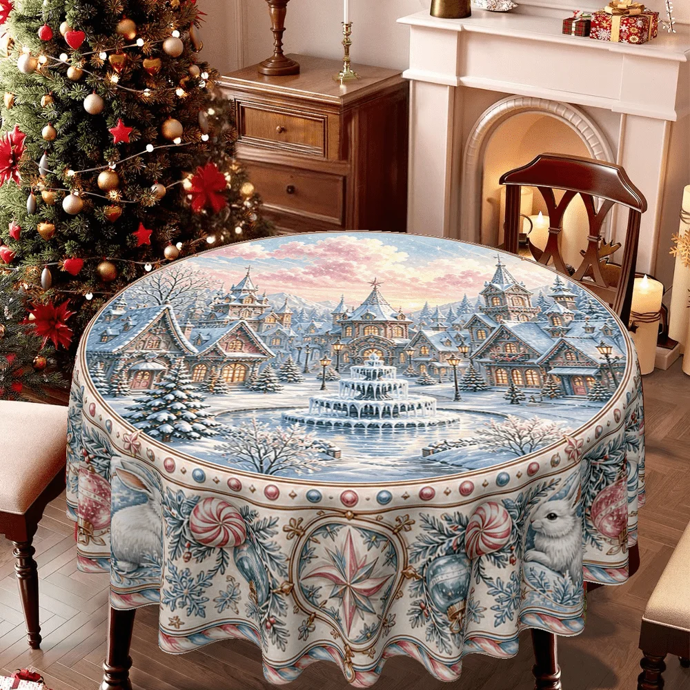 1 round tablecloth, Christmas wonderland theme, snow-covered town with rabbits and decorations,
