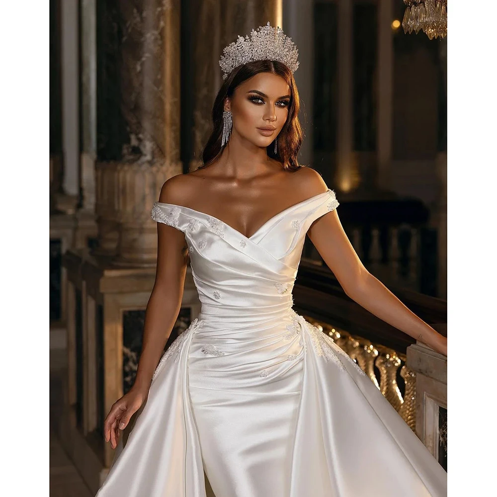 Vestido de novia blanco de lujo 2025, tren capilla con hombros descubiertos, ocasión Formal, vestido bonito para mujer, vestidos de fiesta de moda personalizados