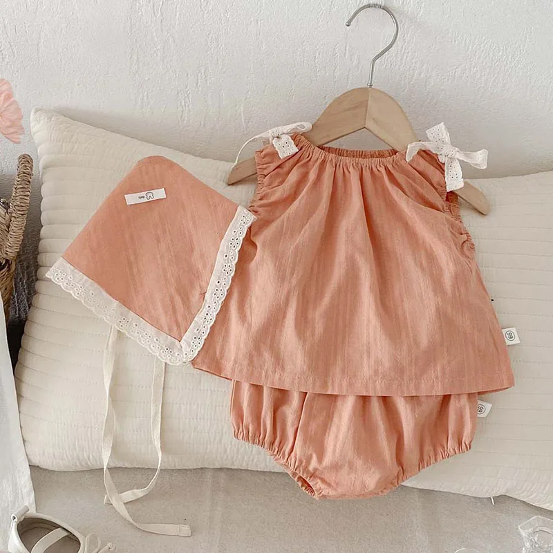 2025 New Summer Korean Style 0-3Yrs Children Clothes Suit Sleeveless Cotton Vest+PP Shorts+Hat Newborn Baby Girls Clothing Set