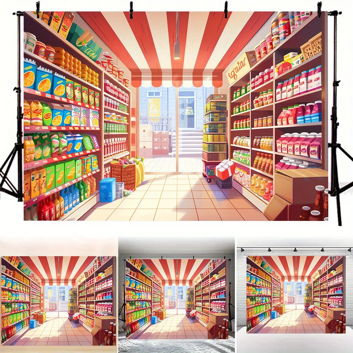 خلفية لافتة سوبر ماركت كرتونية حية - مشهد متجر بقالة ملون، دعامة استوديو للتصوير الفوتوغرافي