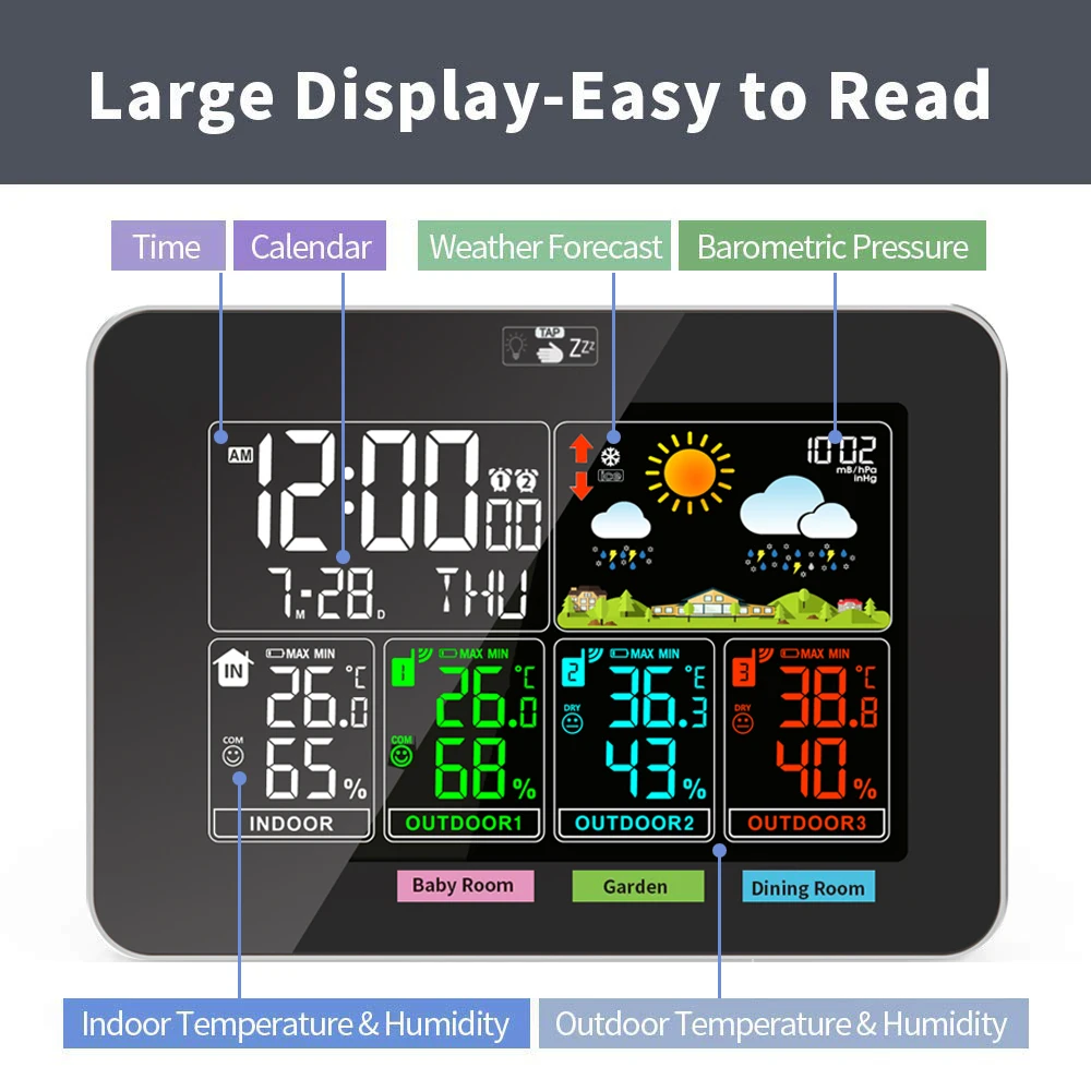 Weather Stations Wireless Indoor Outdoor Temperature Humidity VA Color Display Weather Forecast 3 Extra Temperature Sensors