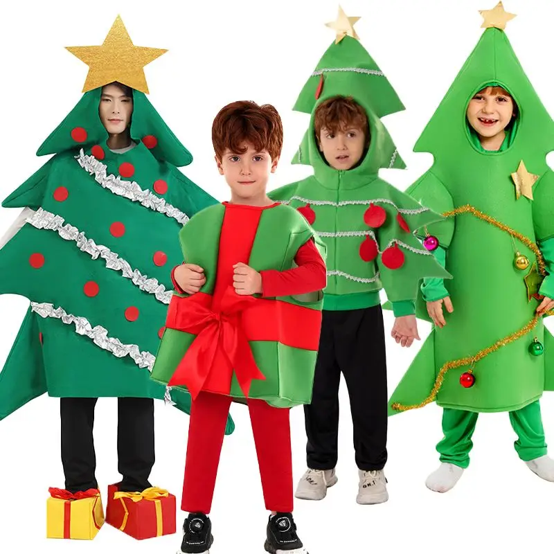 Świąteczne stroje rodzinne do cosplayu: Święty Mikołaj, elf, choinka, pudełko prezentowe, stroje sceniczne, pasujące ubrania dla dzieci i dorosłych.