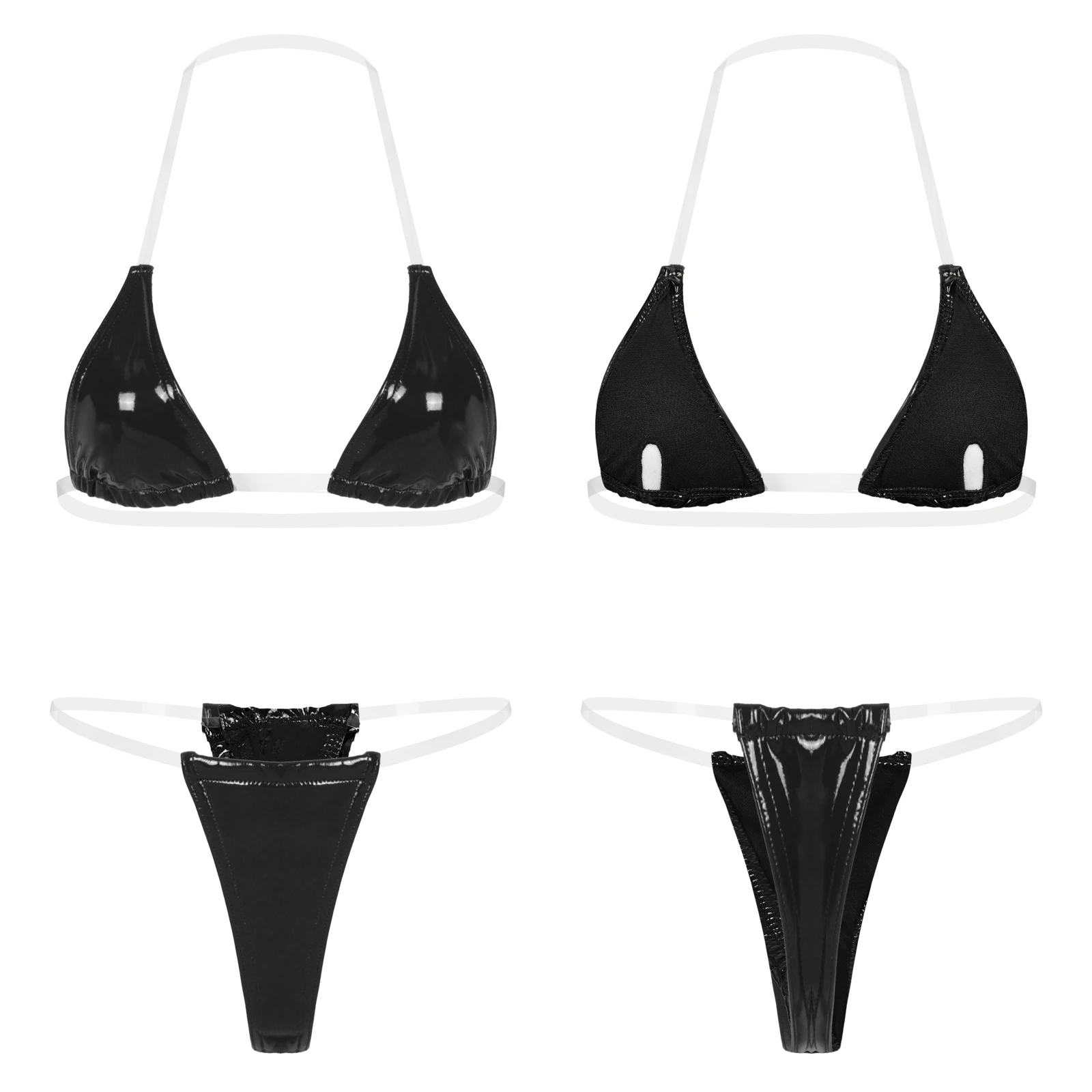 

Женский комплект из 2 предметов, сексуальный прозрачный костюм бикини на бретельках, купальник из лакированной кожи с мокрым эффектом, латексный бюстгальтер с лямкой на шее, купальник с микро-стрингами