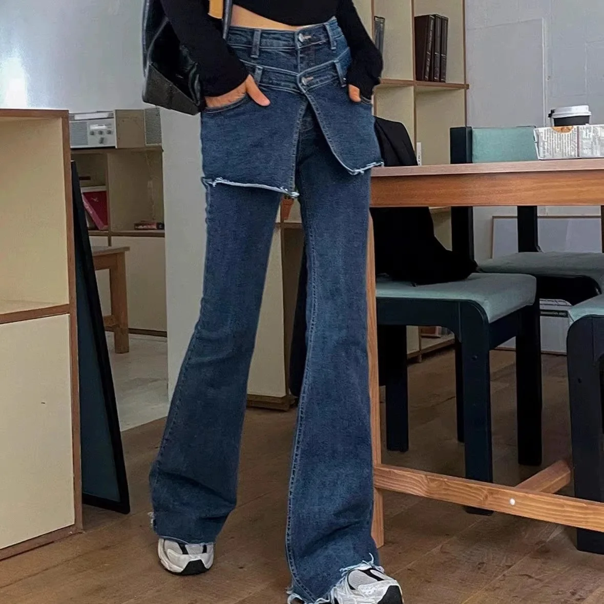 

Chic Spliced Bell Bottom Denim Skirt Pants Vintage Spring Autumn New Style Women's Jeans High Waist Cotton Stretch Fabric