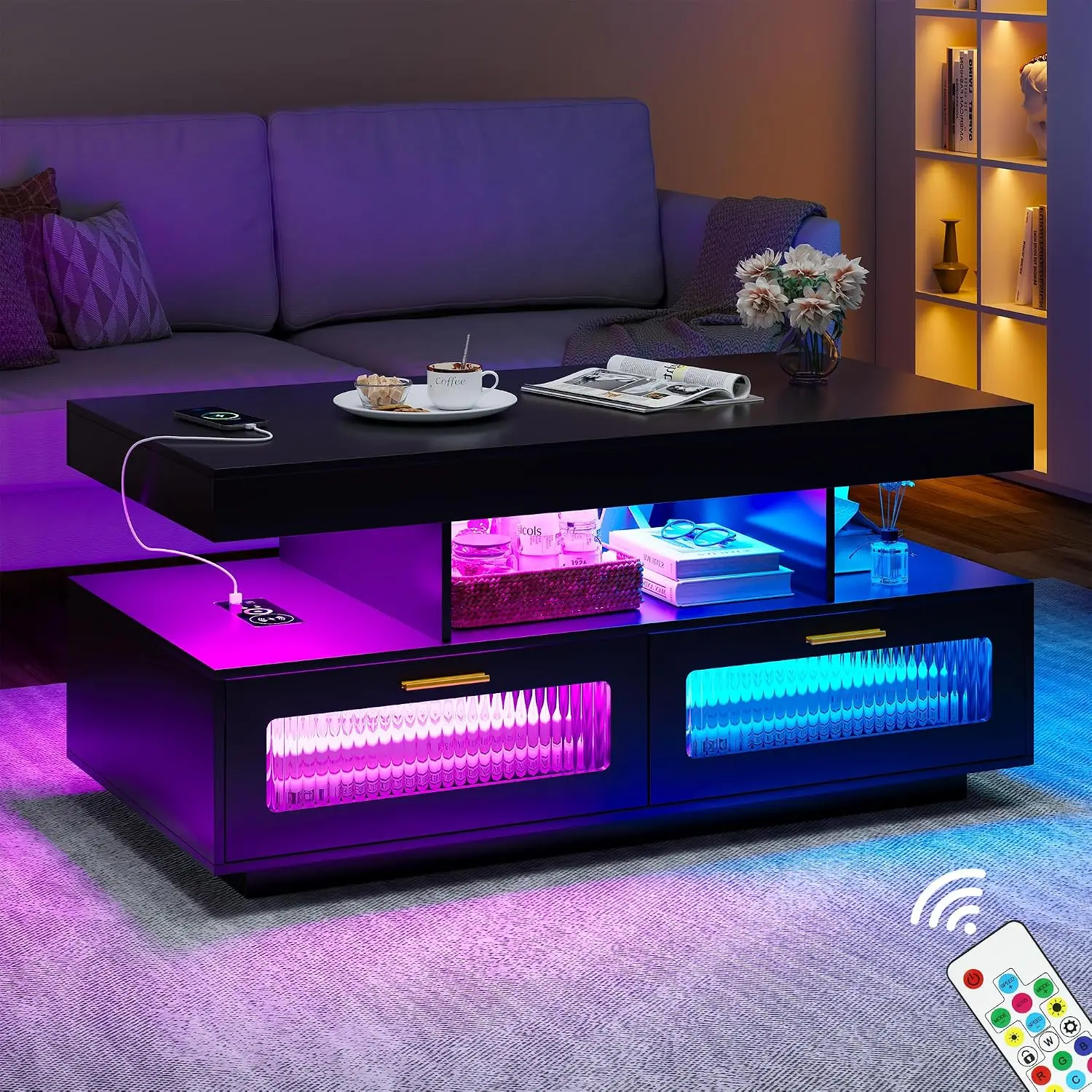 LED Coffee Table with Wireless Charging RGB Light Motion Sensor 4 Storage 2 Drawers 42.5in Acrylic Living Room, Customized
