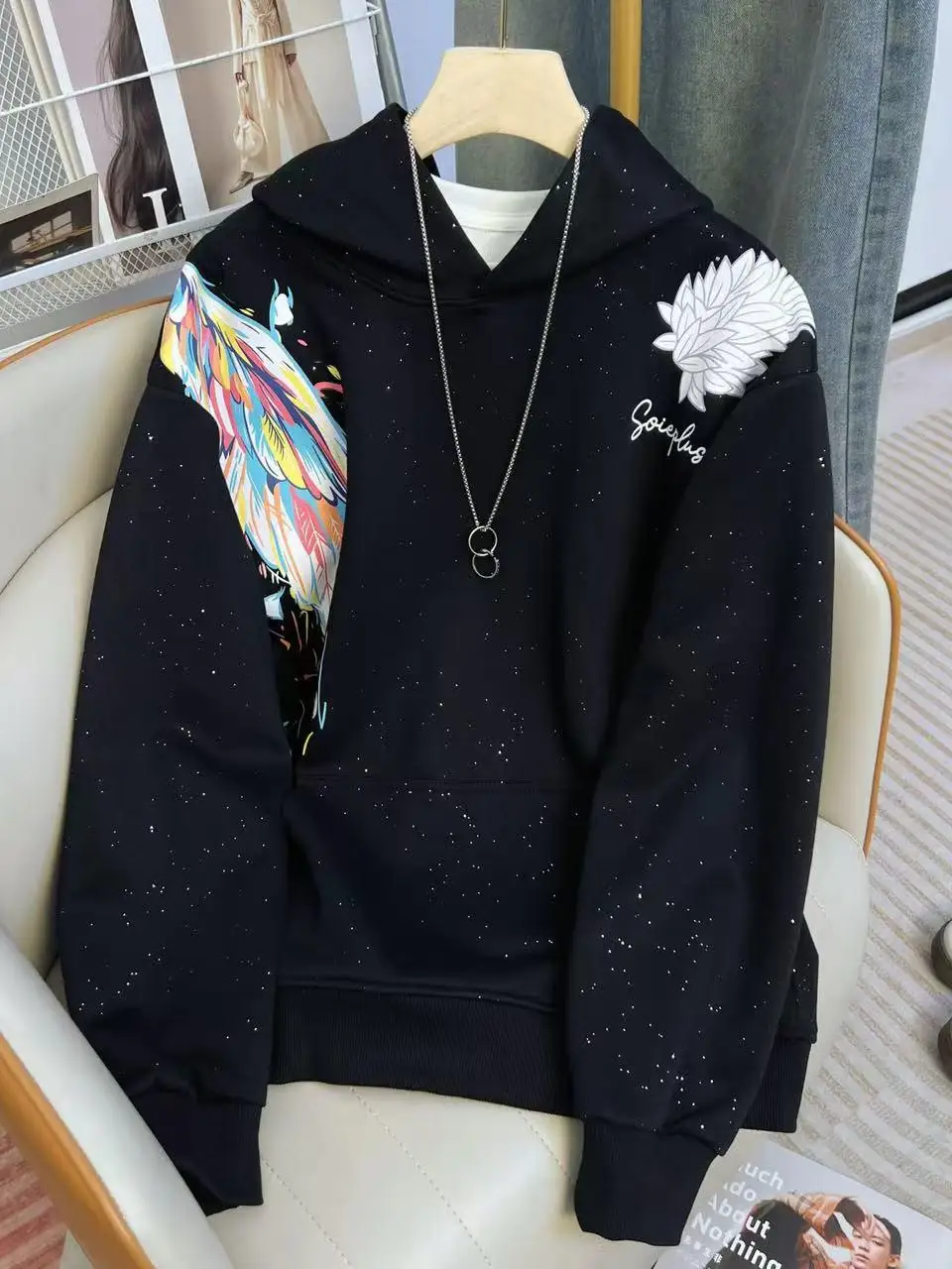 

Модная толстовка с капюшоном и принтом, новая китайская модель, оверсайз, повседневный топ для женщин, уличный стиль, осень-зима