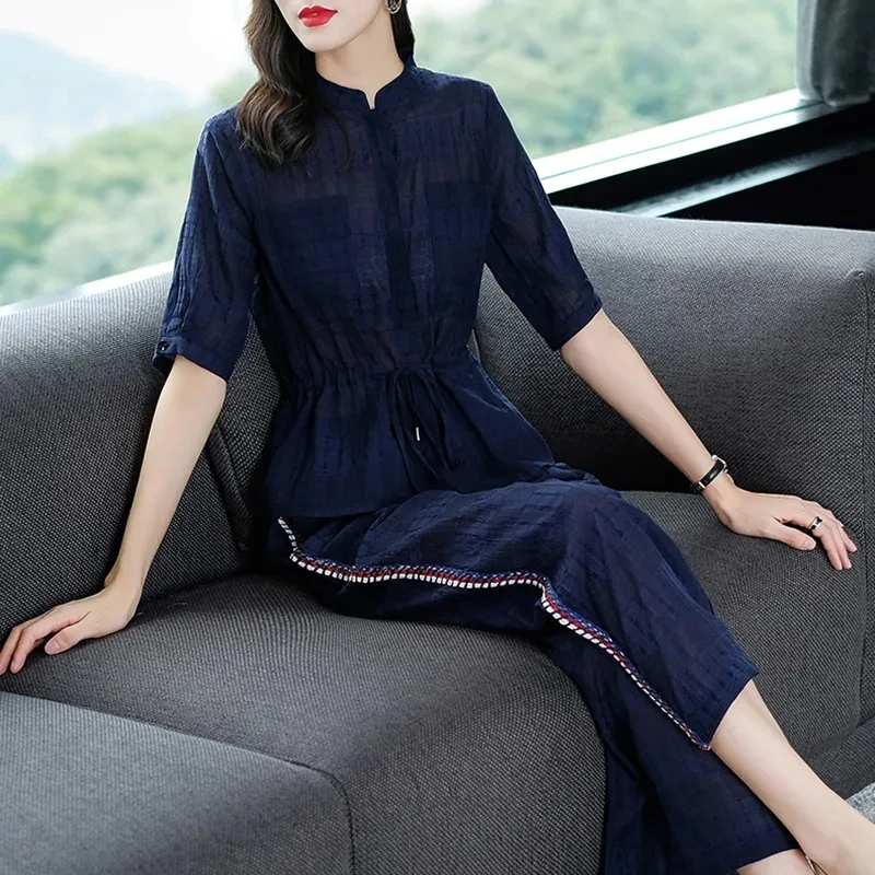 2023 New Summer Women Set Korean Fashion Chiffon shirt And Wide leg Pants Two Piece Suit Temperament Outfit Ladies Sets  3XL