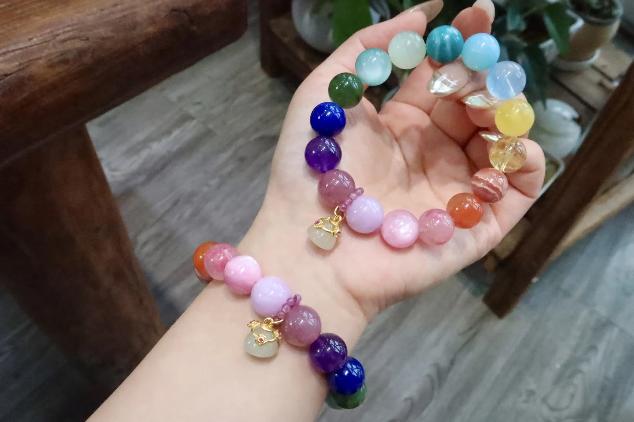 Natural Colorful Different Mixed Rutilated Quartz Lapis Rhodochrosite Malachite Aquamarine Kunzite Bracelet 12mm AAAAA