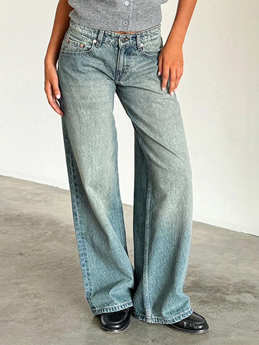 Trendy Loose Fit Boyfriend Straight Wide Leg Jeans Women Y2K Aesthetic Low Rise Baggy Jeans Stretch Long Denim Pants Trousers