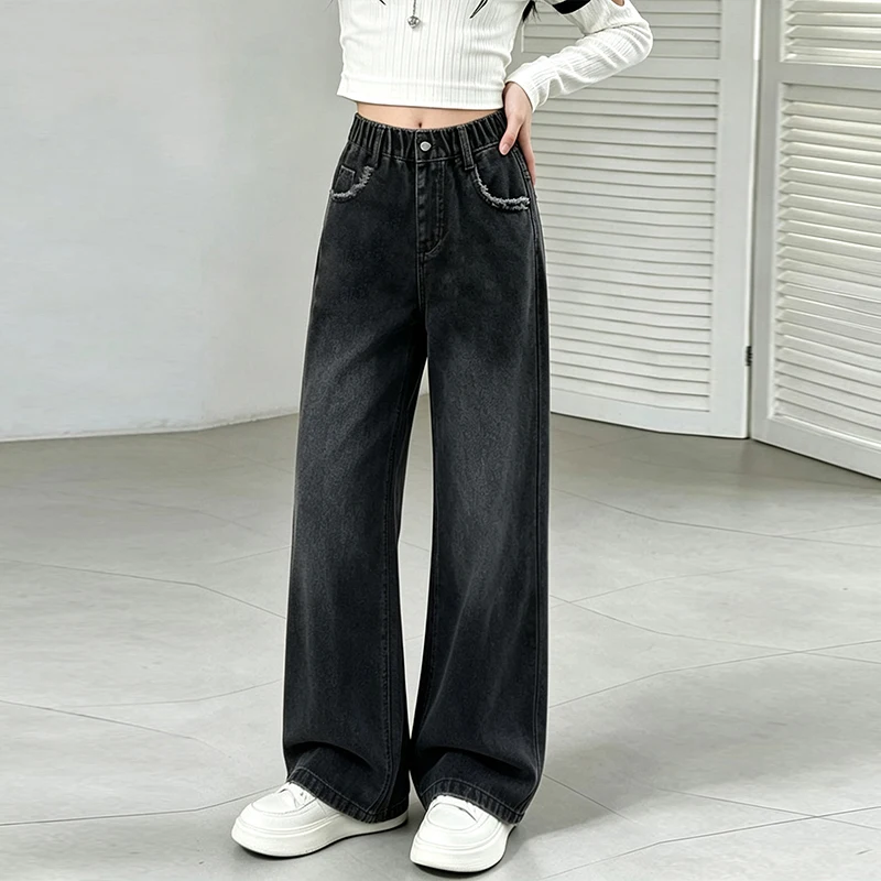 Girls Frayed Pocket Wide Leg Jeans, Elastic Waist Vintage Washed Denim, 2 Colors, Loose Floor Length Trousers for Teen Girls
