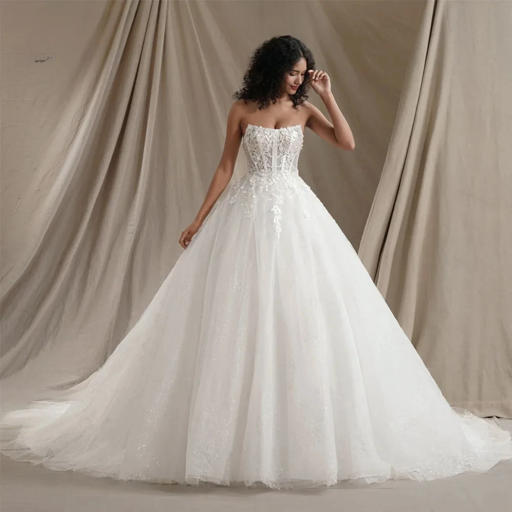 

Strapless Glitter Princess A-Line Wedding Dresses Women Sleeveless 3D Flowers Lace-Up Bride Sexy Bridal Gown Custom Made