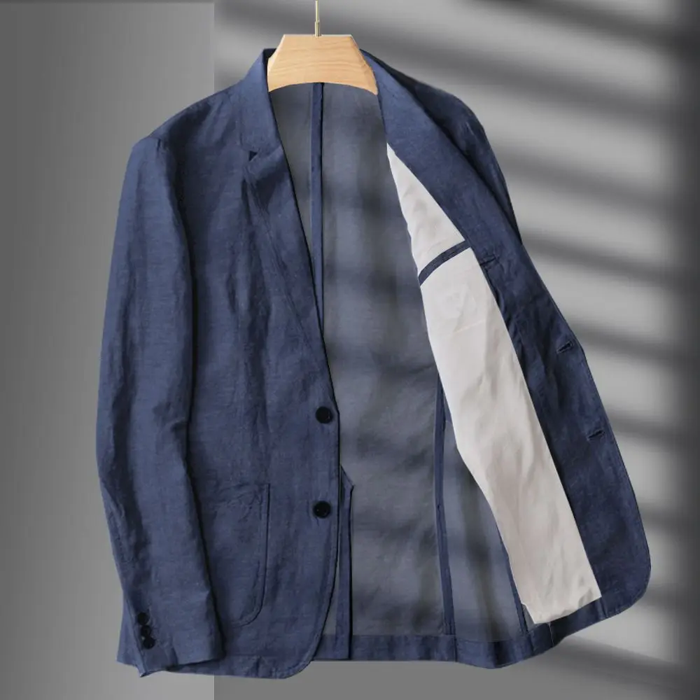 Blazer azul marino de lino para hombre, traje informal de verano, chaqueta individual negra, primavera y otoño, novedad de 2023