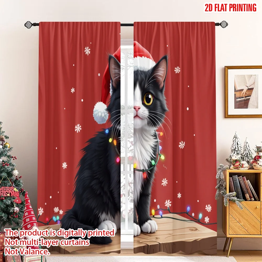 

2pcs 2D flat printing Merry Christmas Popular Curtains Cute Kitten Christmas Lights Polyester Without Electricity Party