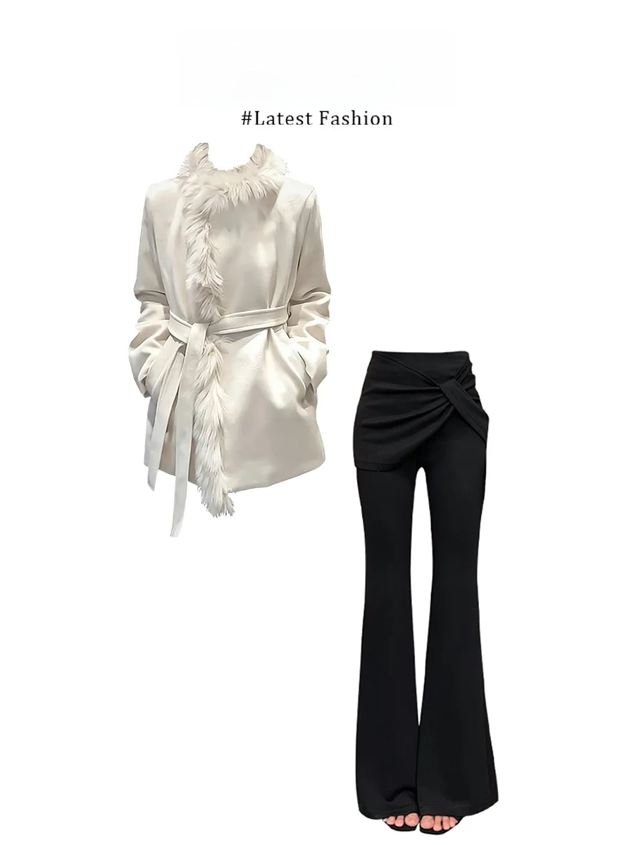 

Warm Woolen Coat with Fur Collar And Flared Casual Pants Winter Fashion Set for Women Comfortable Loose Fit Korean Style