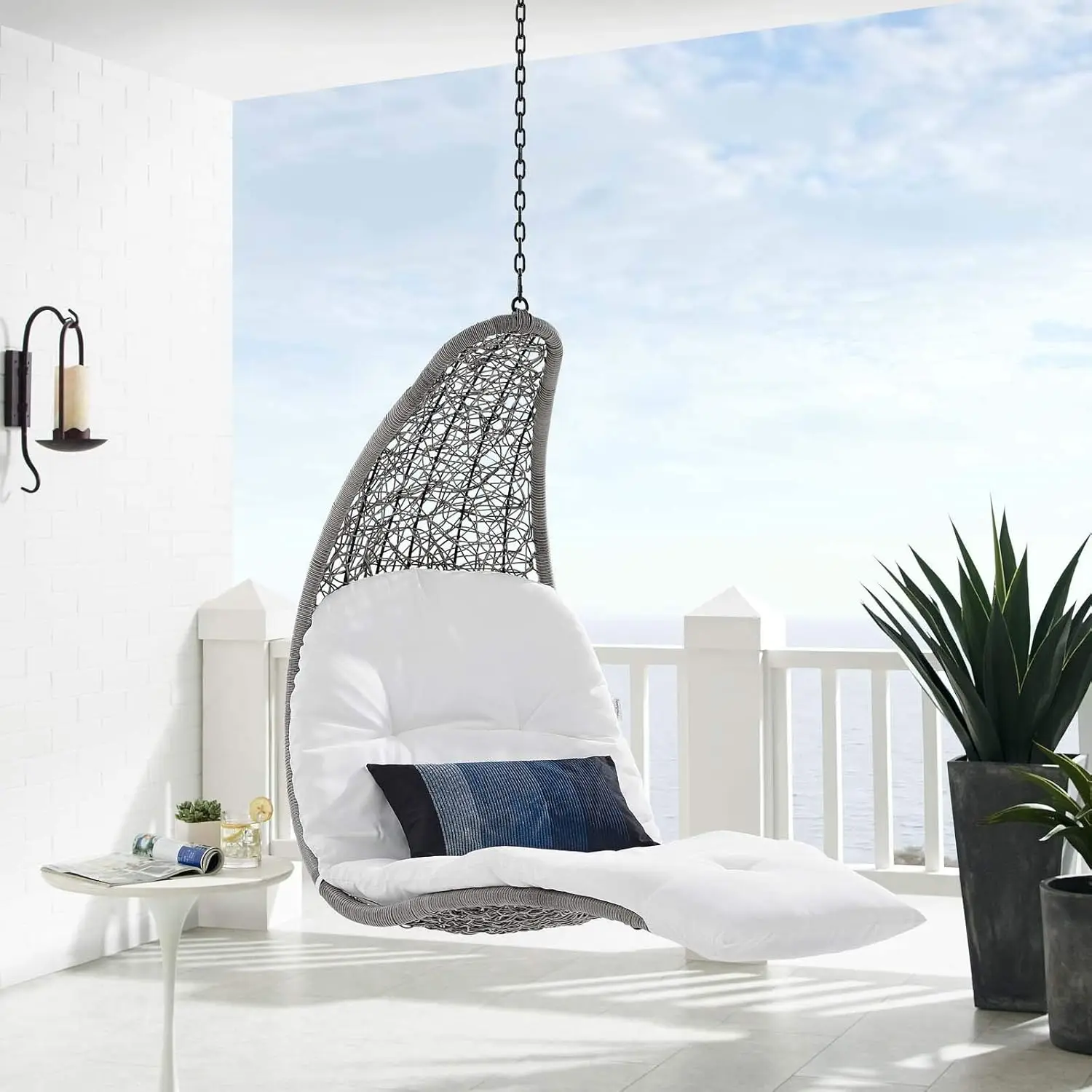 

Landscape Wicker Rattan Outdoor Patio Porch Chaise Lounge Hanging Swing Chair in Light Gray, White