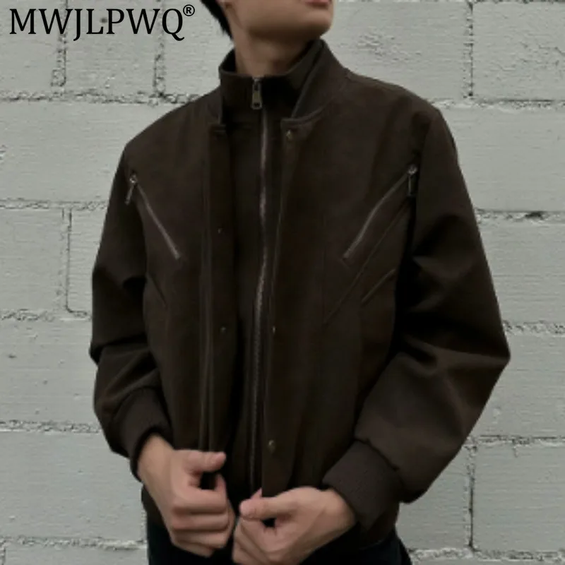 MWJLPWQ Deconstructed Design Loose PU Leather Motorcycle Jacket Men's New Retro American Style Zipper Long Sleeve Tops 20484