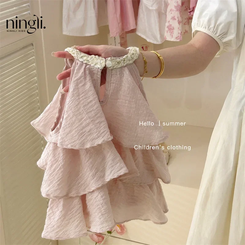 Girls Casual Dresses Summer New Children Clothing Sweet Vest Baby Cake 2024 Round Collar Fashion Soild Sweet Pink - Image 4