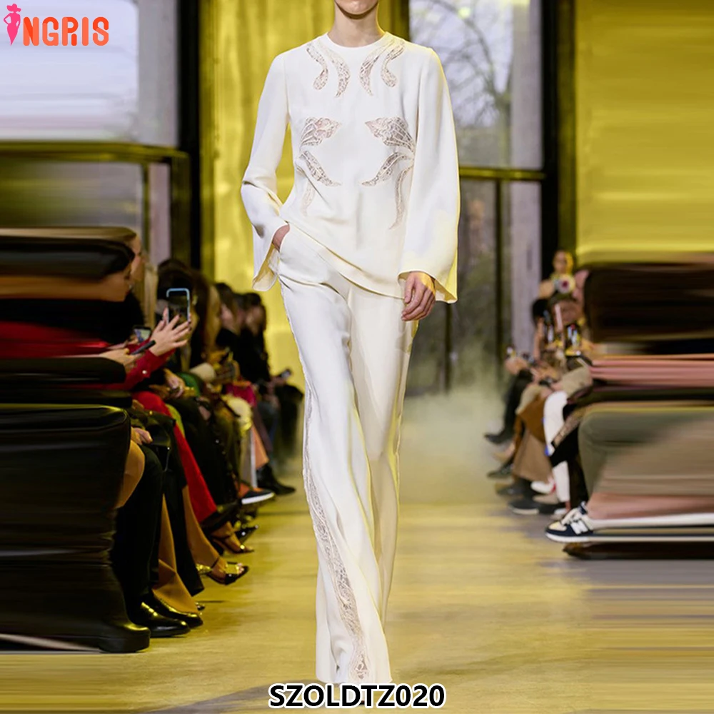 

High street latest 2025 designer suits suits for women embroidery patchwork trumpet sleeve top trousers suit-SZOLDTZ020
