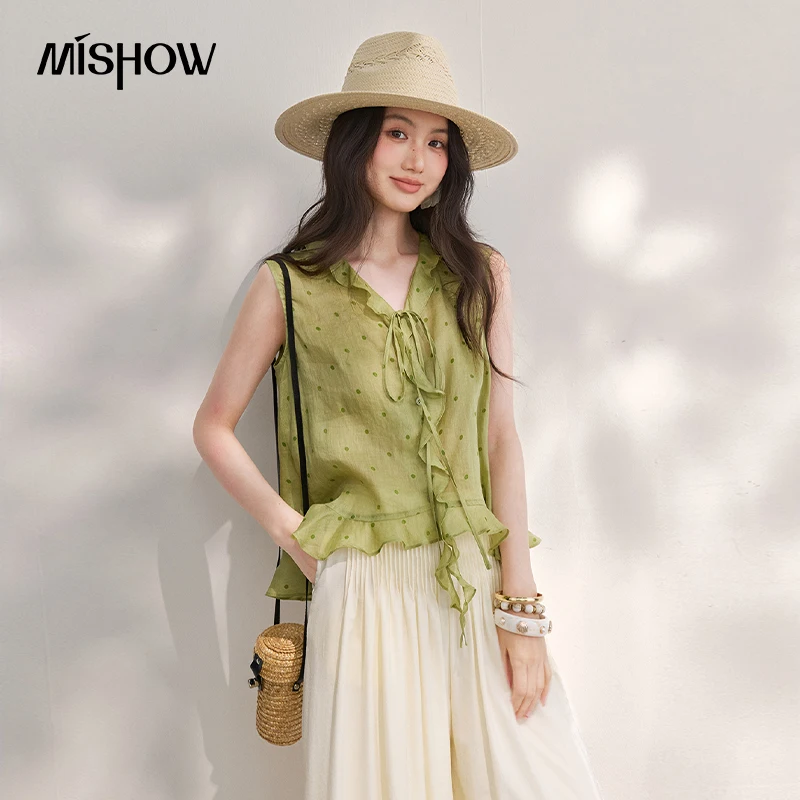 MISHOW Women's Green 100% Ramie Polka Dot Blouse 2026 Summer V Neck Ruffle Tie Front Sleeveless Casual Vest Blouse MXF29X2715