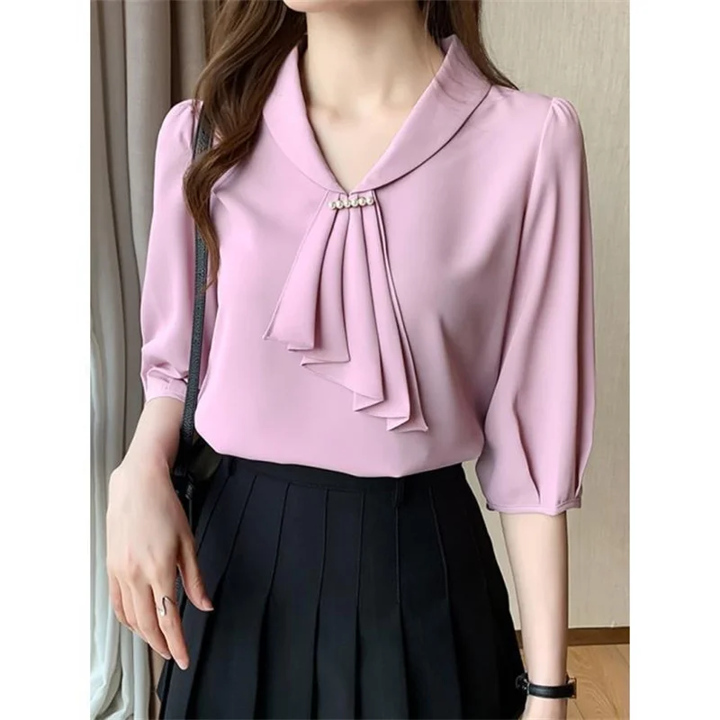 Women Summer Style Blouses Shirts Lady Office Wear OL Short Sleeve Bow Tie Collar Pink Blusas Tops WY1001