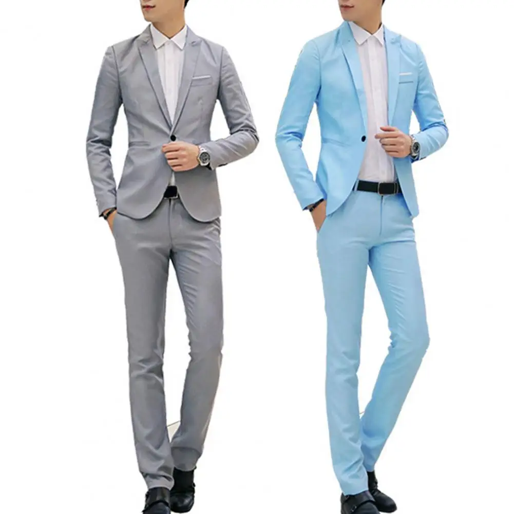 Men Slim Fit Pants Set Men\'s Slim Fit Business Suit Set with Single Button Long Pants Spring Autumn Solid Color Lapel Design