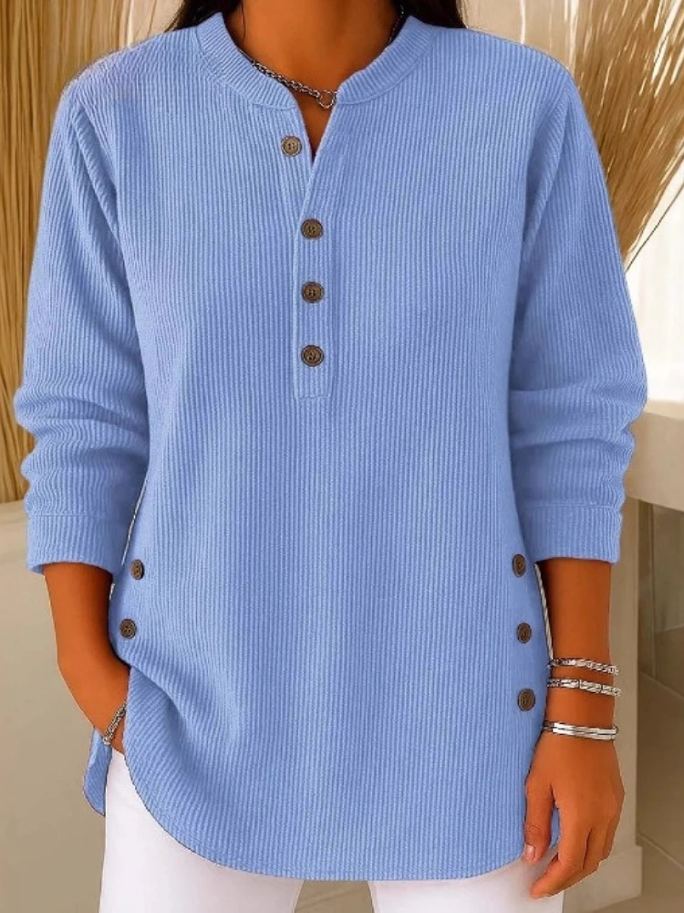 New Ribbed Single Row Multi Button Solid Color Comfortable Casual Autumn and Winter Women's Top Pullover Women Clothes